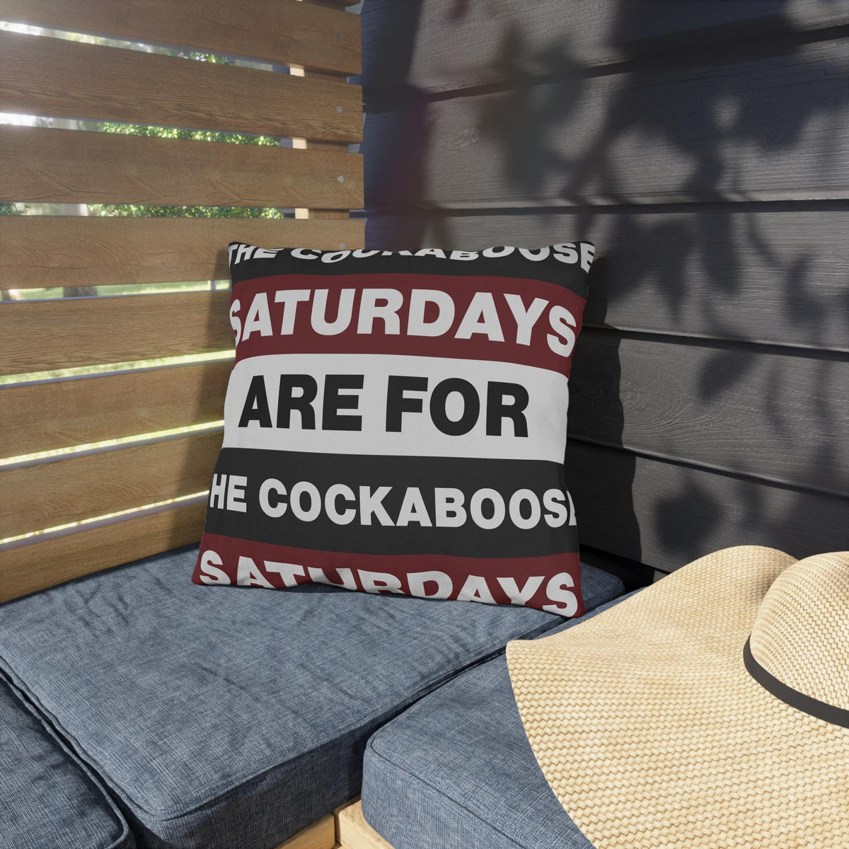 Saturdays Are For The Cockabooses Outdoor Pillow | Striped Text Design
