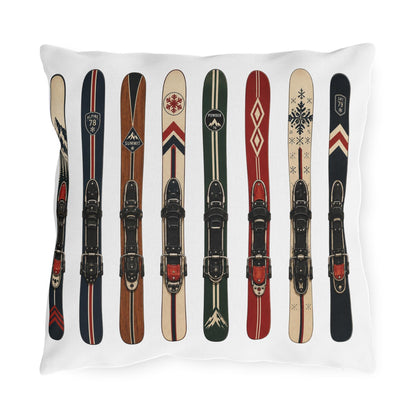 Vintage Skis Outdoor Pillow | Retro Ski Pattern, Winter Lodge Decor