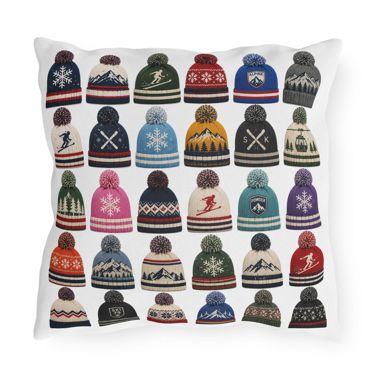 Beanie Pattern Outdoor Pillow | Ski Hat Icons, Winter Lodge Decor