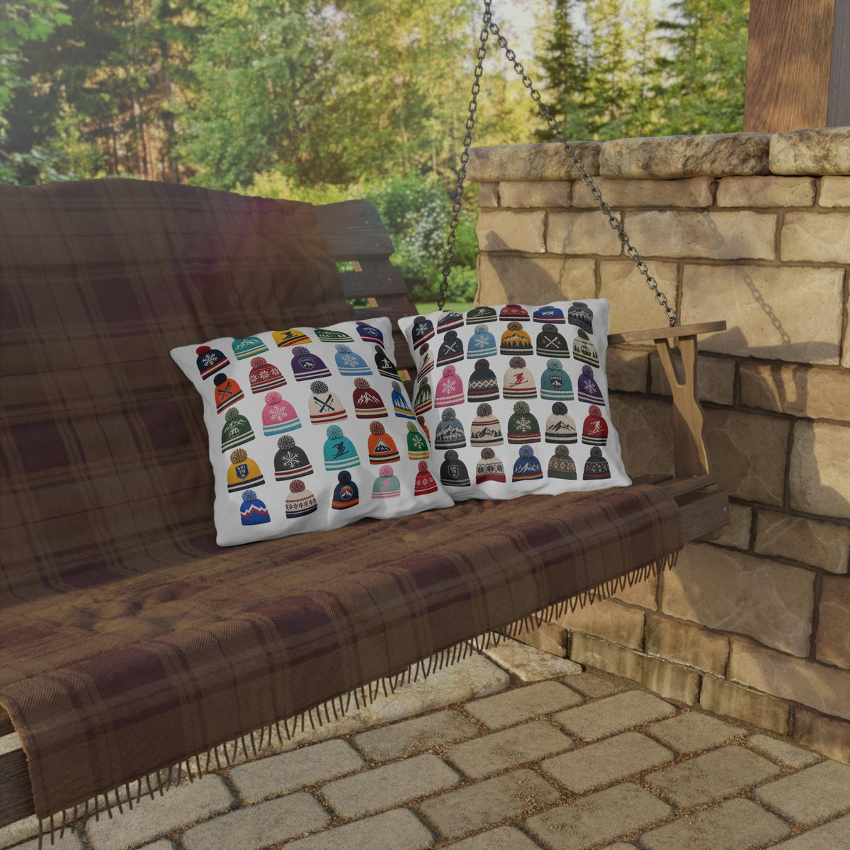 Beanie Pattern Outdoor Pillow | Ski Hat Icons, Winter Lodge Decor
