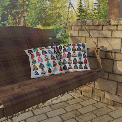 Beanie Pattern Outdoor Pillow | Ski Hat Icons, Winter Lodge Decor