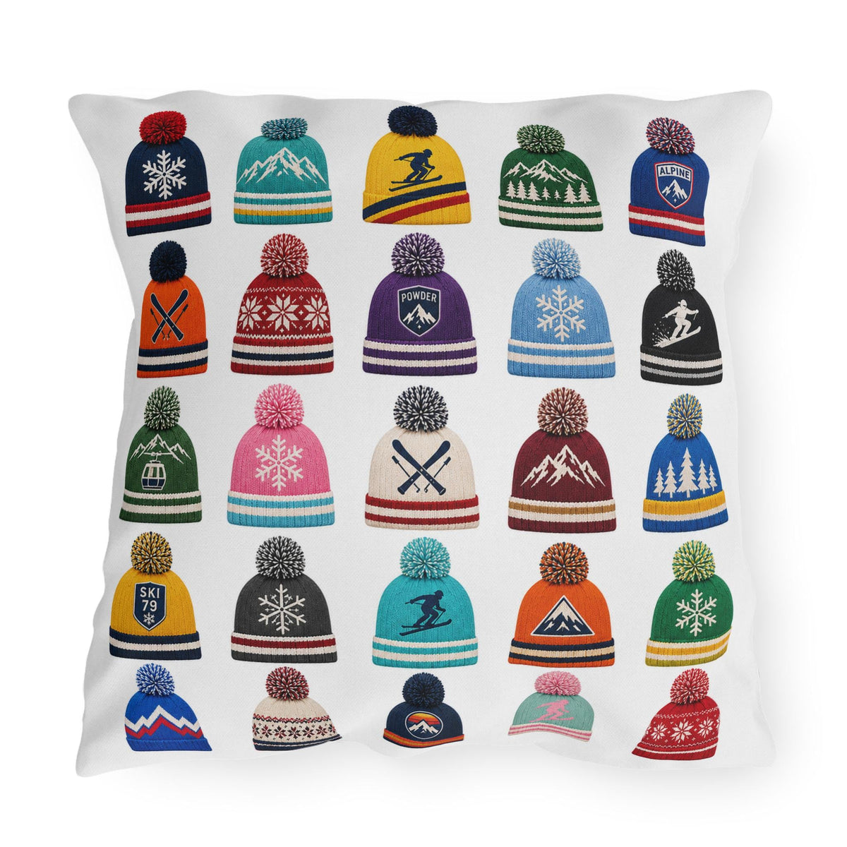 Beanie Pattern Outdoor Pillow | Ski Hat Icons, Winter Lodge Decor