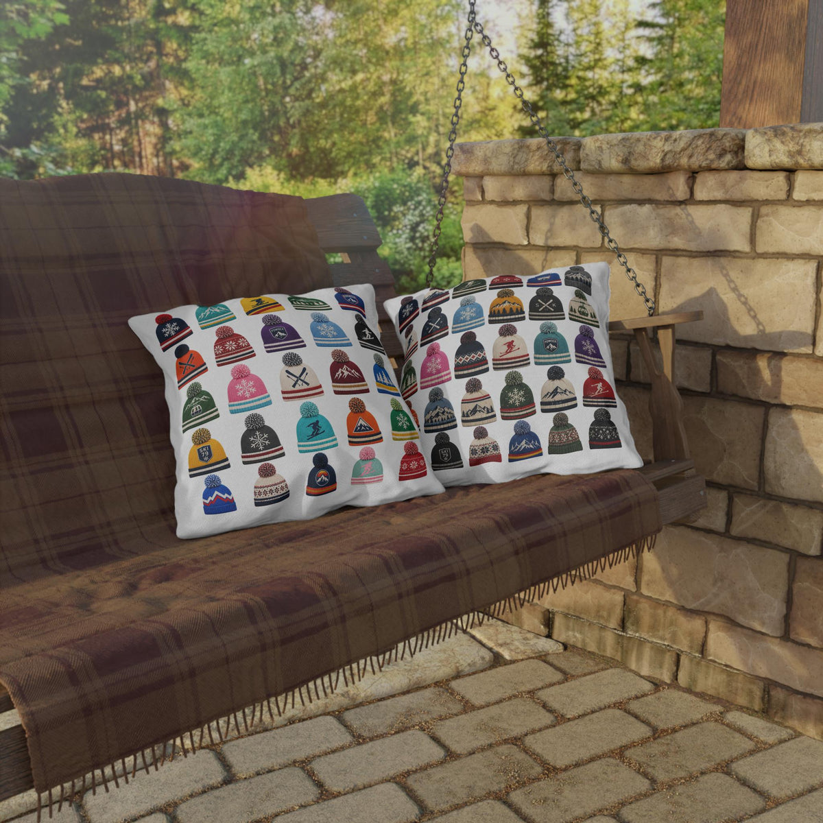 Beanie Pattern Outdoor Pillow | Ski Hat Icons, Winter Lodge Decor