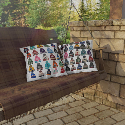 Beanie Pattern Outdoor Pillow | Ski Hat Icons, Winter Lodge Decor