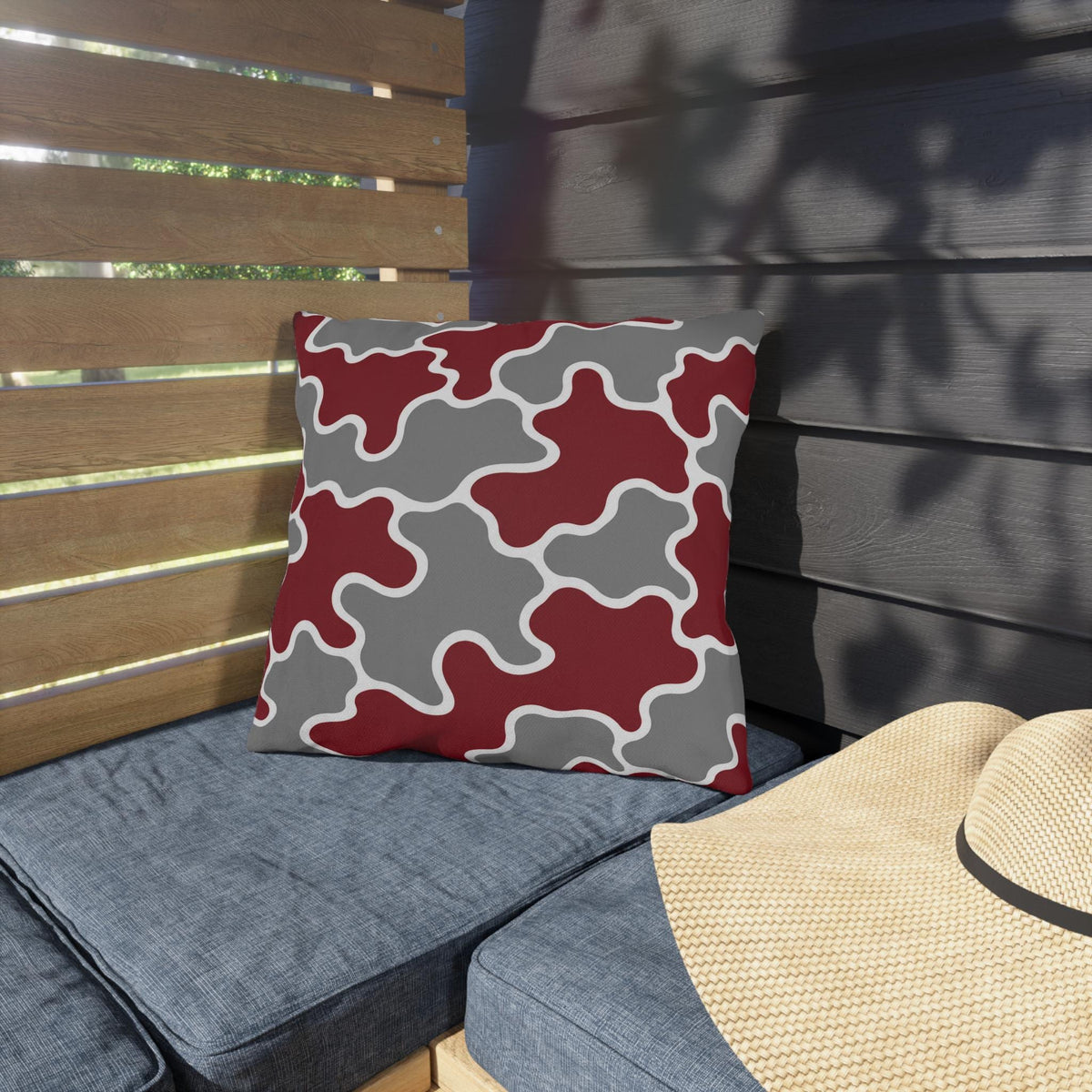Maroon Gray Abstract Puzzle Pattern Outdoor Pillows | Geometric Patio Pillow