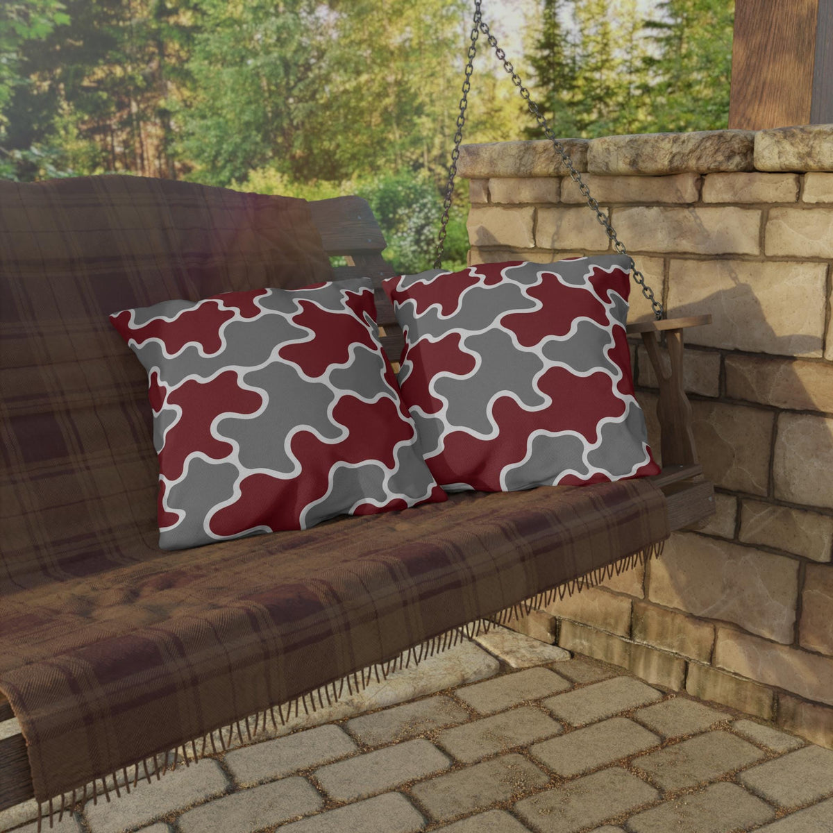 Maroon Gray Abstract Puzzle Pattern Outdoor Pillows | Geometric Patio Pillow