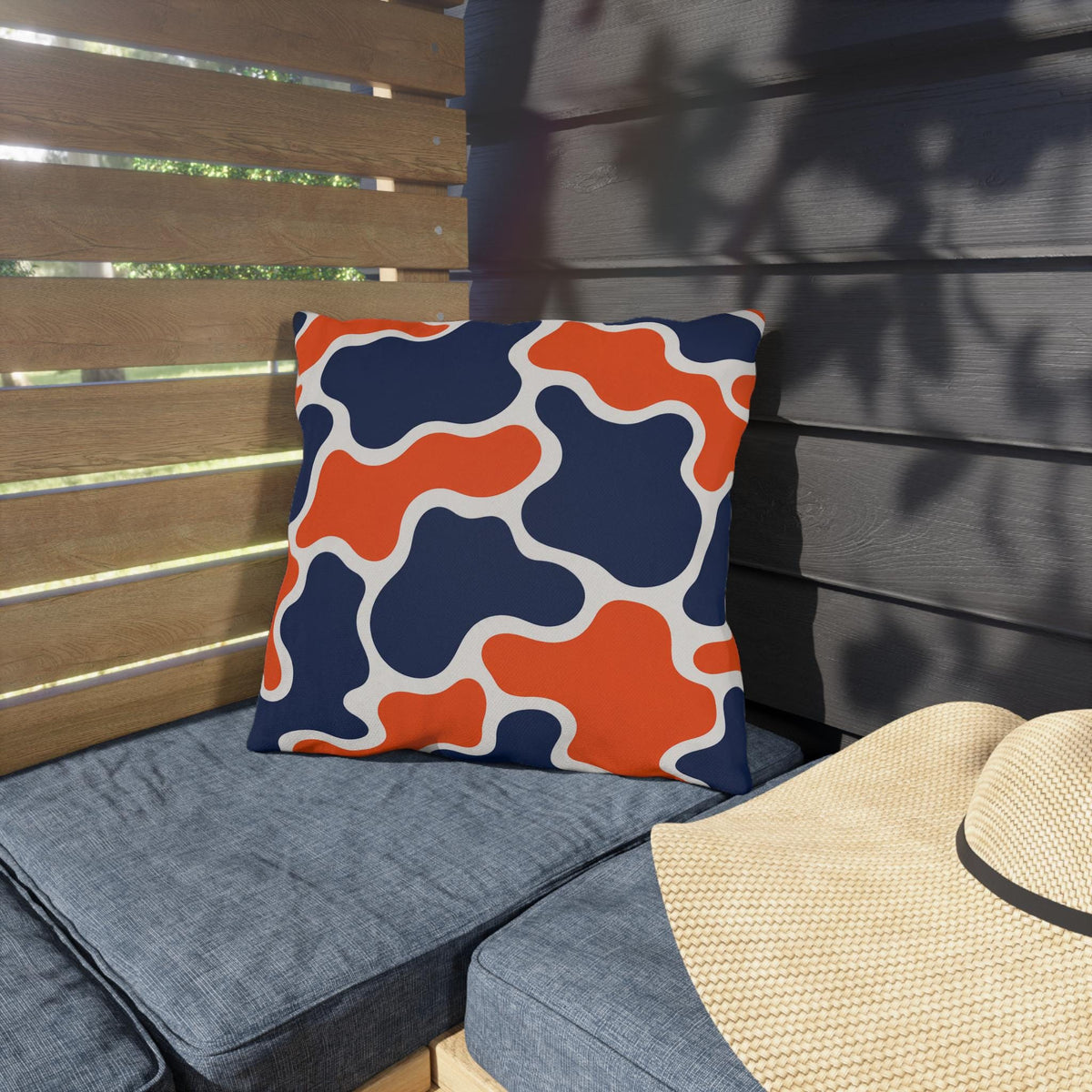 Orange Navy Abstract Blob Pattern Outdoor Pillow | Modern Patio Cushion
