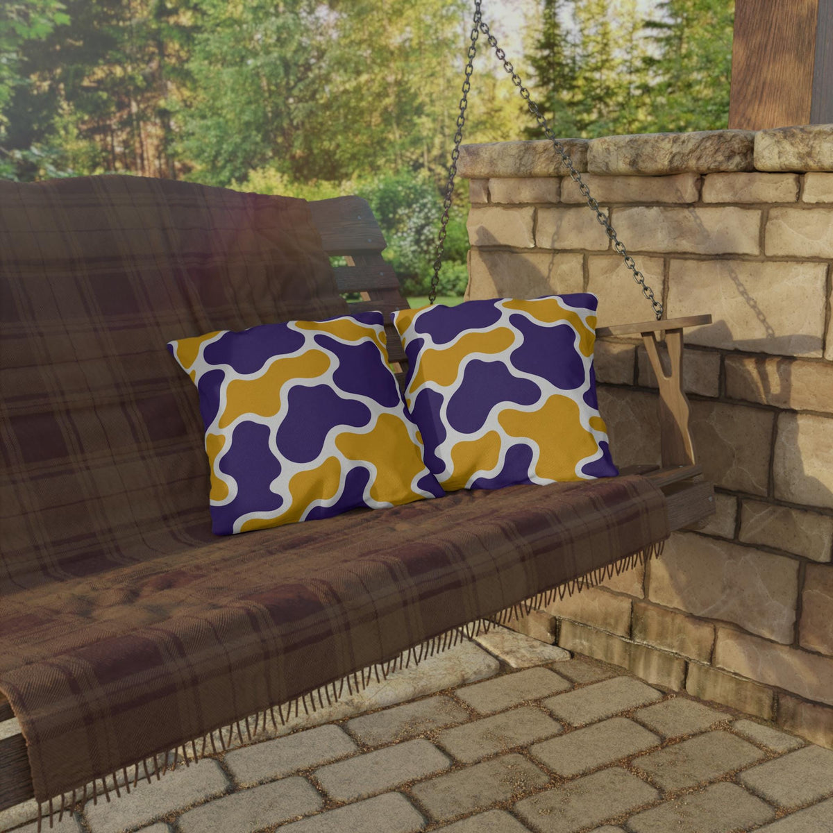 Abstract Purple and Gold Camo Outdoor Pillow | Modern Organic Pattern