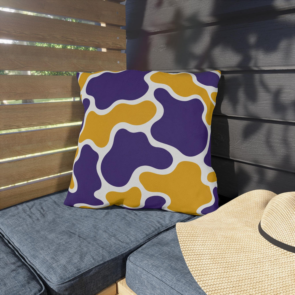 Abstract Purple and Gold Camo Outdoor Pillow | Modern Organic Pattern