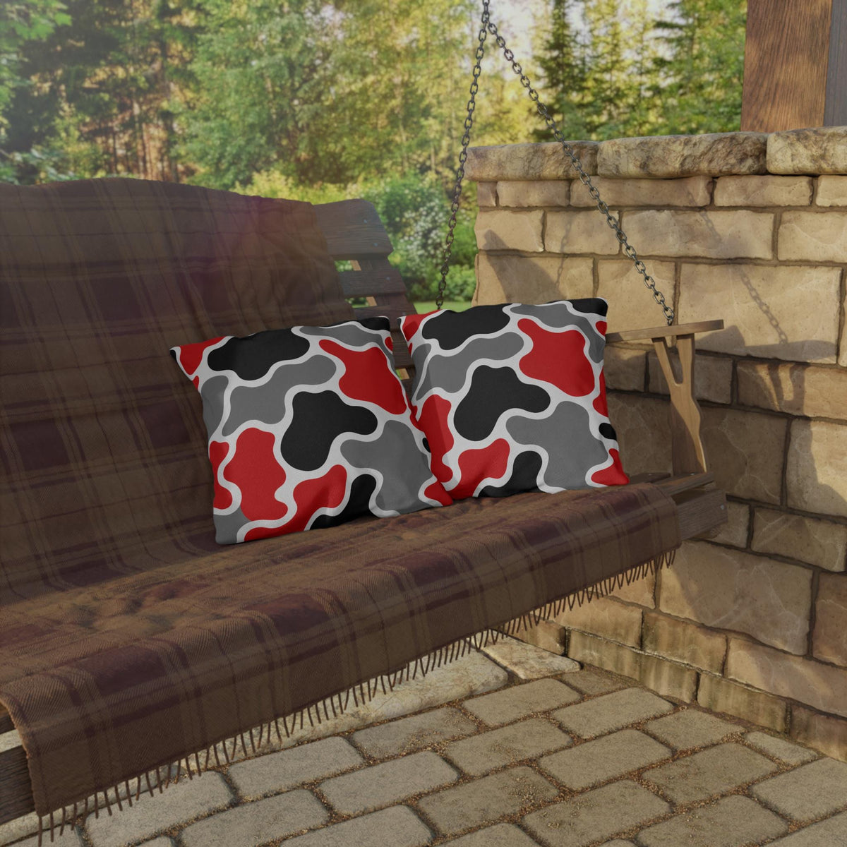 Abstract Red Black Gray Camouflage Outdoor Pillow | Modern Patio Decor