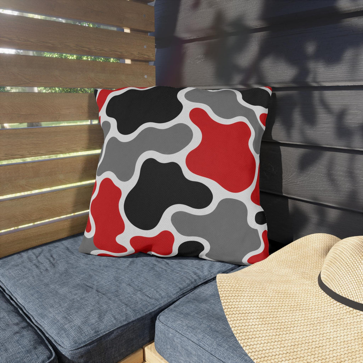 Abstract Red Black Gray Camouflage Outdoor Pillow | Modern Patio Decor