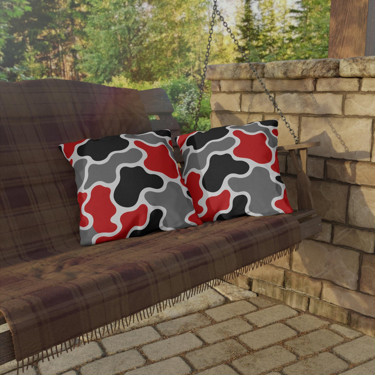 Abstract Red Black Gray Camouflage Outdoor Pillow | Modern Patio Decor