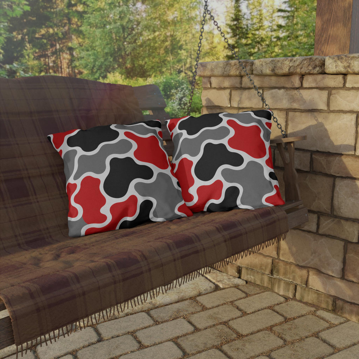 Abstract Red Black Gray Camouflage Outdoor Pillow | Modern Patio Decor