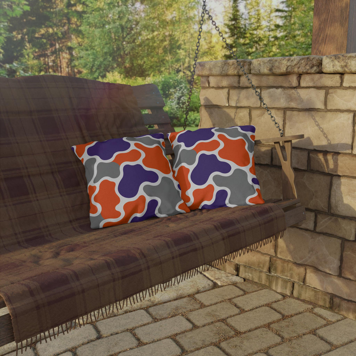 Abstract Organic Shapes Outdoor Pillow | Orange Purple Gray Modern Pattern
