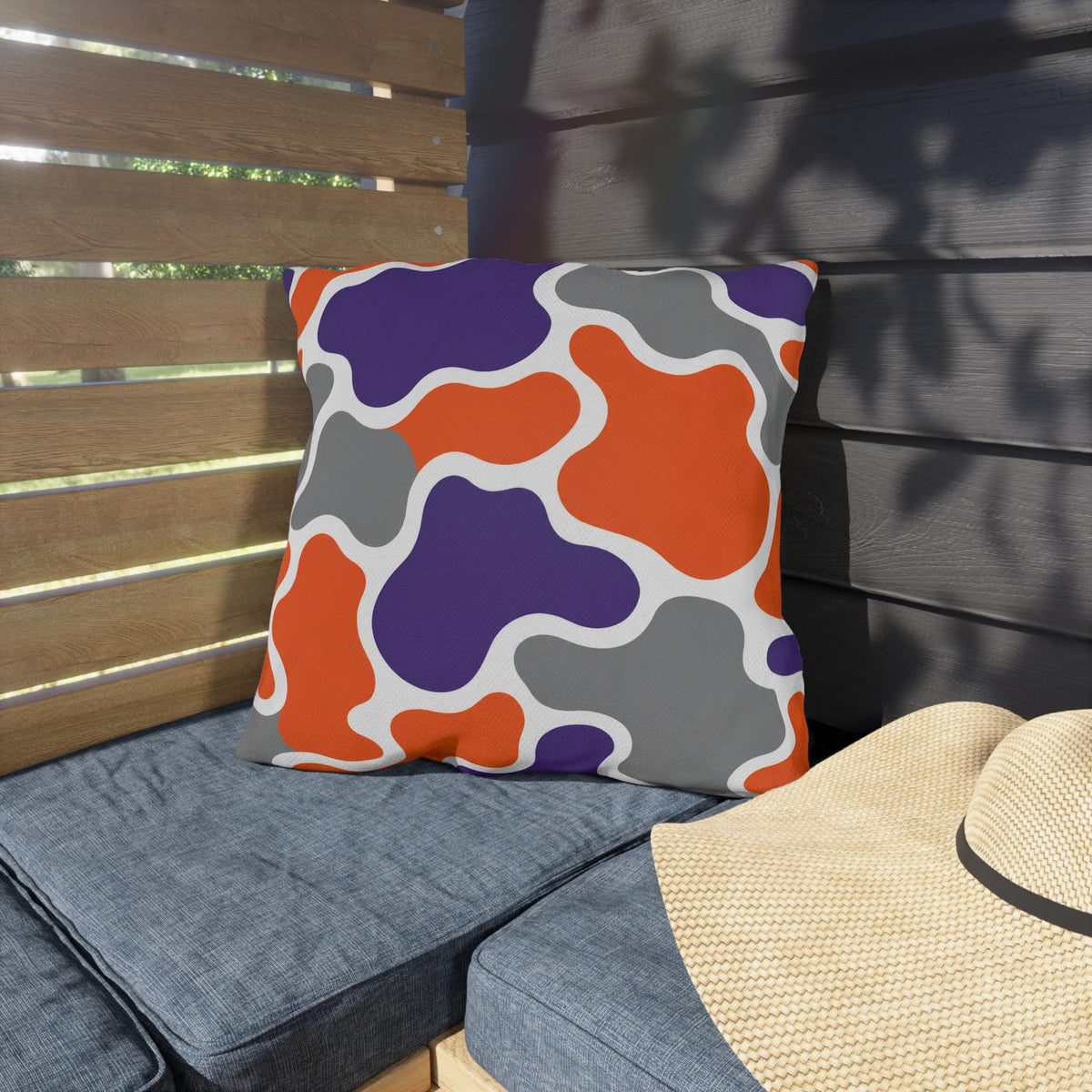 Abstract Organic Shapes Outdoor Pillow | Orange Purple Gray Modern Pattern