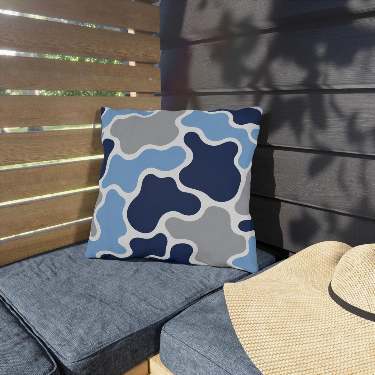 Blue Abstract Camouflage Outdoor Pillow | Navy Grey Modern Patio Cushion