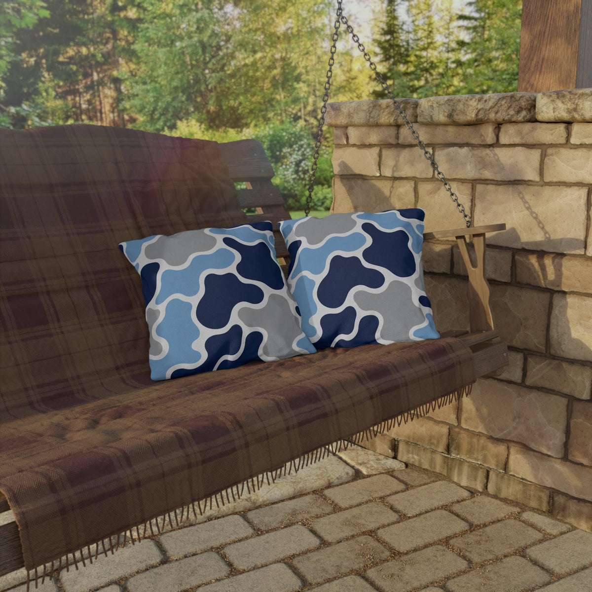 Blue Abstract Camouflage Outdoor Pillow | Navy Grey Modern Patio Cushion