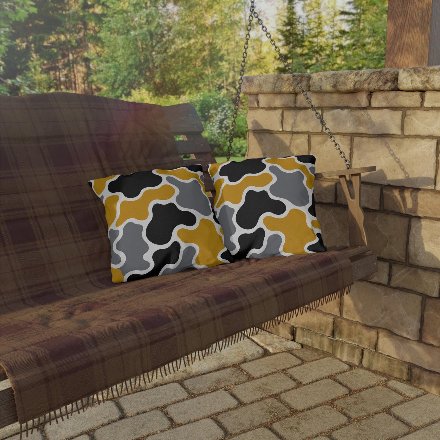 Abstract Organic Shapes Outdoor Pillow | Mustard Black Gray Modern Pattern
