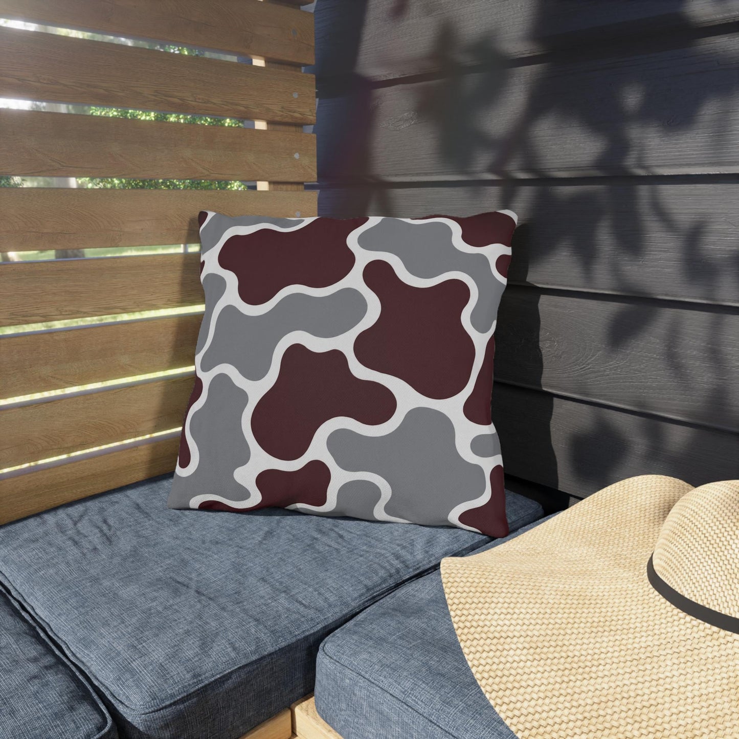 Maroon and Gray Abstract Camouflage Outdoor Pillow | Modern Patio Cushion