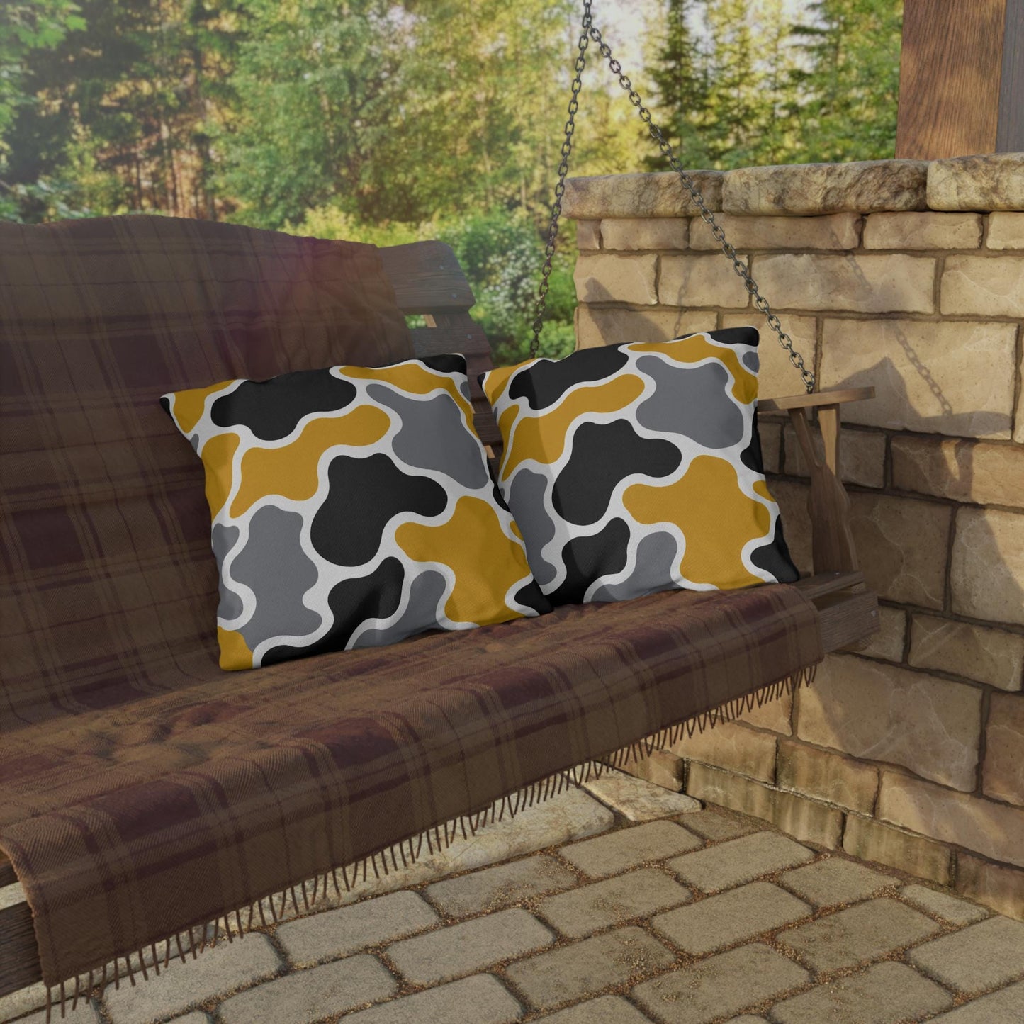 Abstract Organic Shapes Outdoor Pillow | Mustard Black Gray Modern Pattern