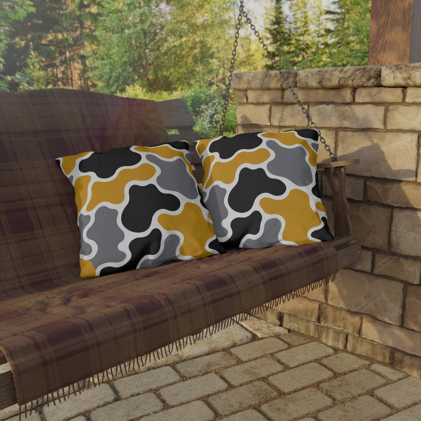 Abstract Organic Shapes Outdoor Pillow | Mustard Black Gray Modern Pattern