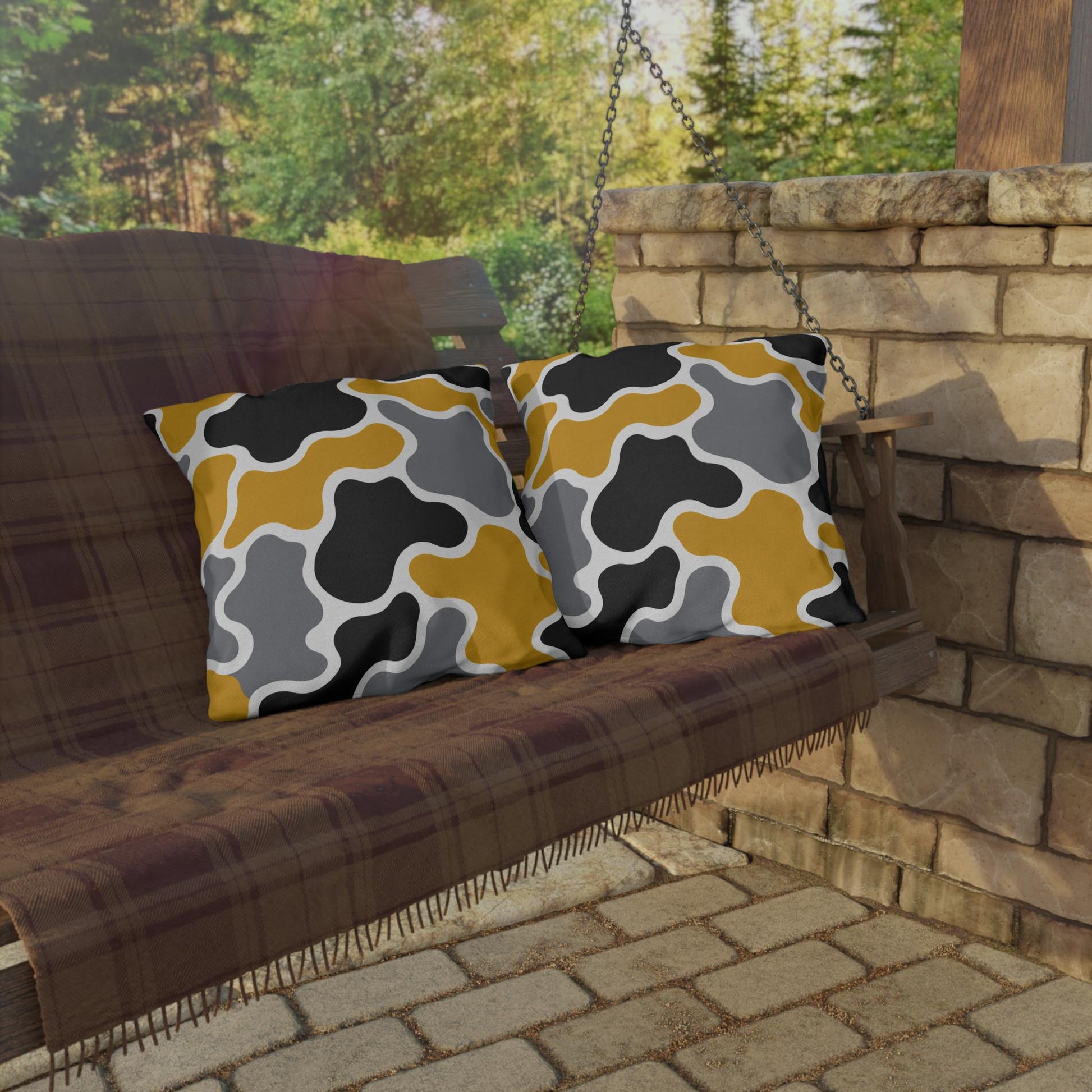 Abstract Organic Shapes Outdoor Pillow | Mustard Black Gray Modern Pattern