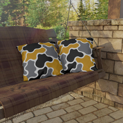 Abstract Organic Shapes Outdoor Pillow | Mustard Black Gray Modern Pattern