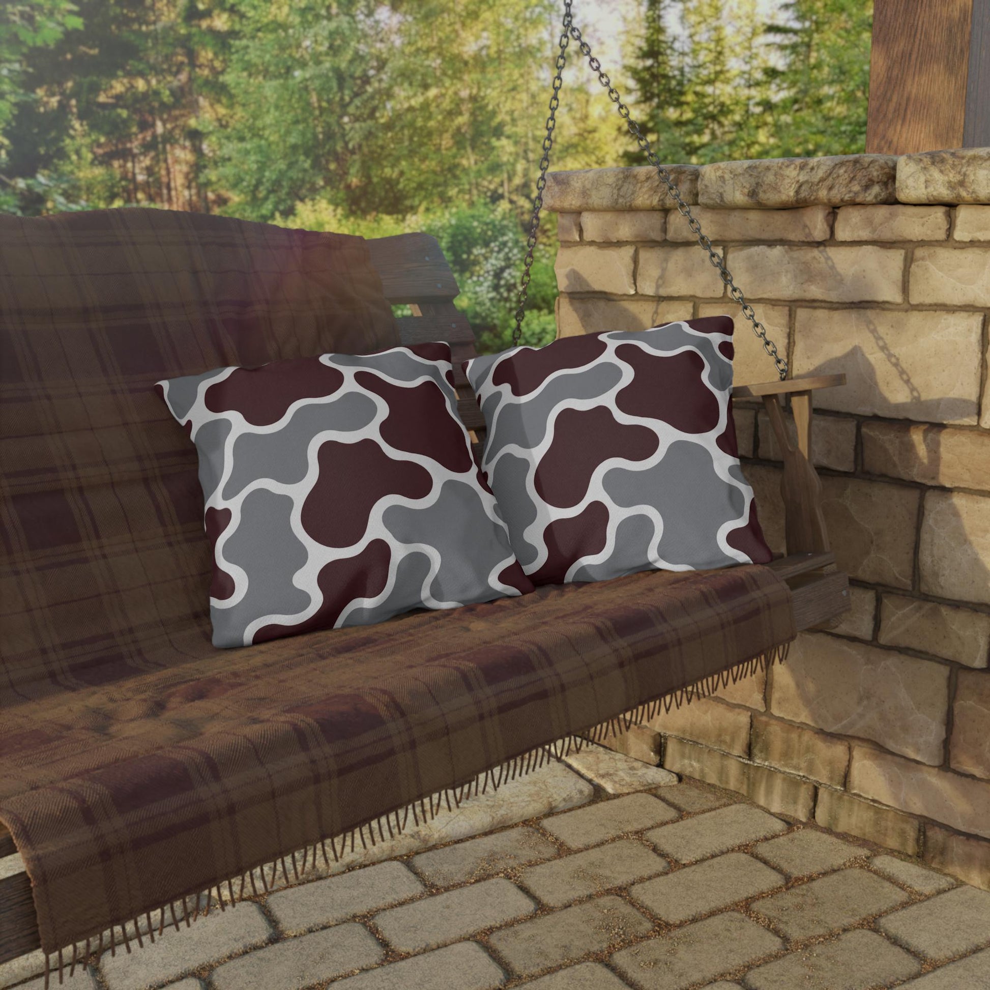 Maroon and Gray Abstract Camouflage Outdoor Pillow | Modern Patio Cushion
