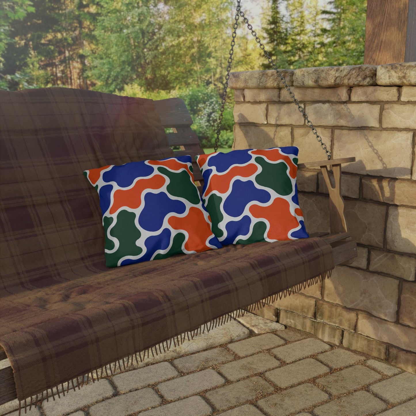 Abstract Organic Shapes Outdoor Pillow | Blue Orange Green Pattern