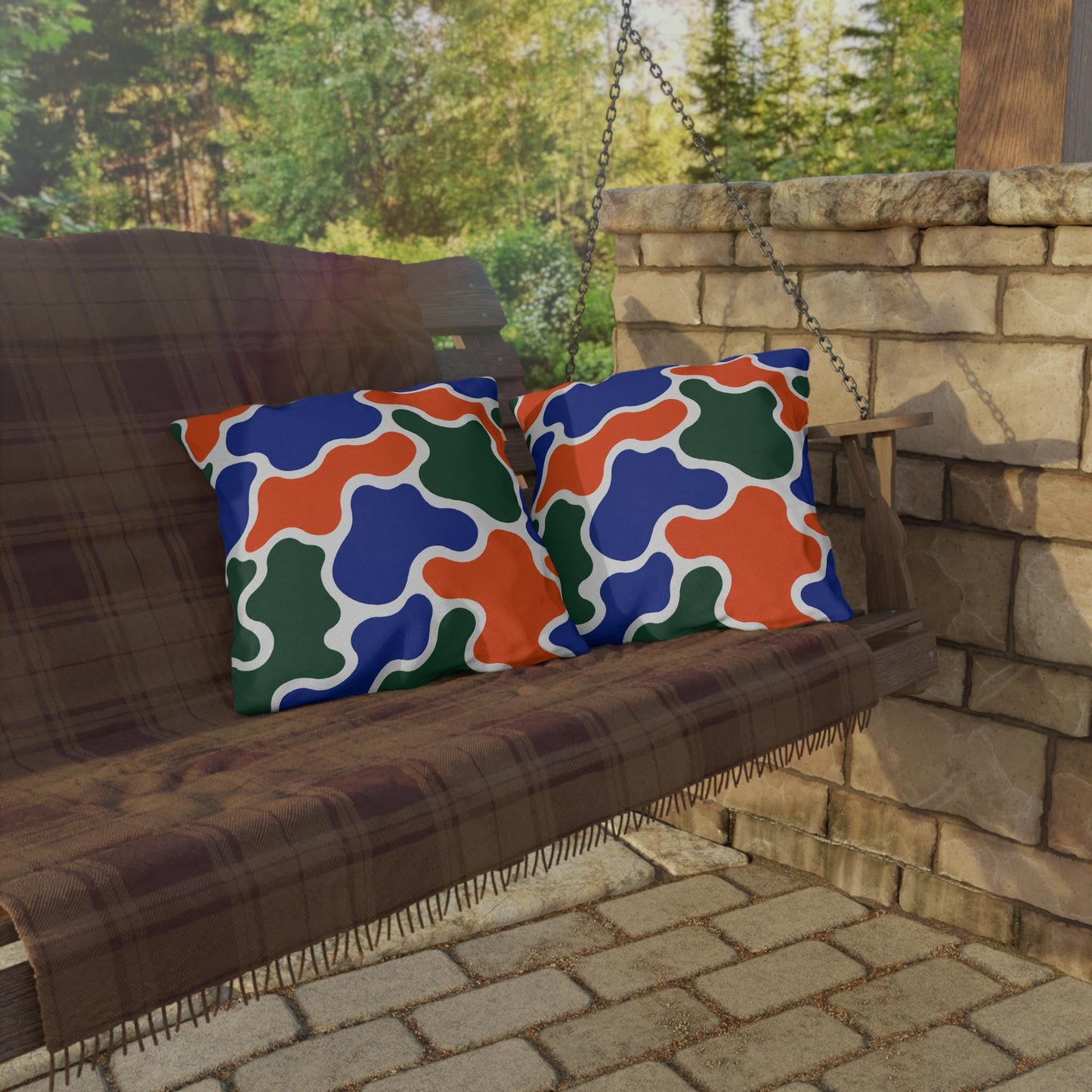 Abstract Organic Shapes Outdoor Pillow | Blue Orange Green Pattern