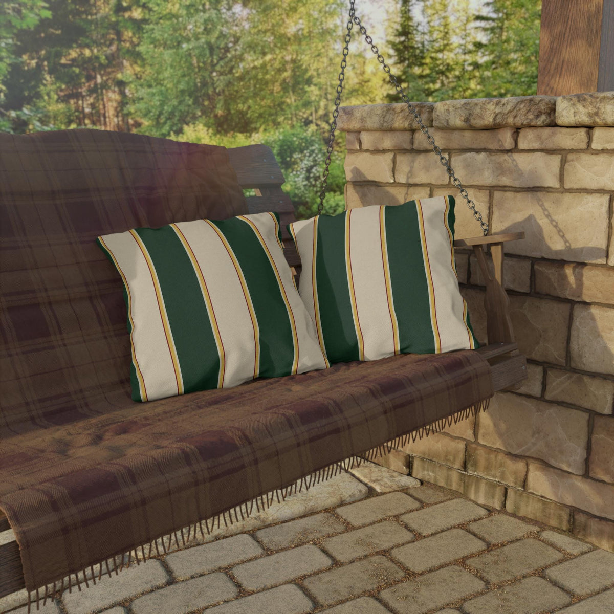 Green and Cream Striped Outdoor Pillows | Patio Throw Cushion