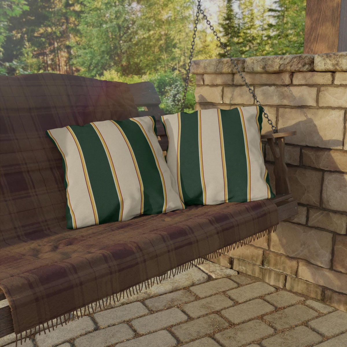 Green and Cream Striped Outdoor Pillows | Patio Throw Cushion