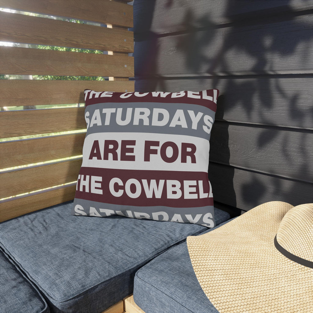 Saturdays Are For The Cowbell Outdoor Pillow | Striped Text Accent