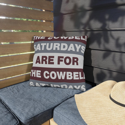Saturdays Are For The Cowbell Outdoor Pillow | Striped Text Accent