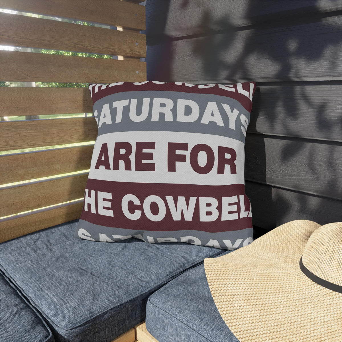 Saturdays Are For The Cowbell Outdoor Pillow | Striped Text Accent