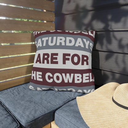 Saturdays Are For The Cowbell Outdoor Pillow | Striped Text Accent