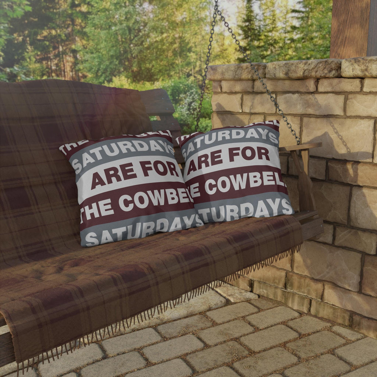 Saturdays Are For The Cowbell Outdoor Pillow | Striped Text Accent