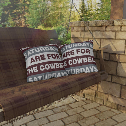 Saturdays Are For The Cowbell Outdoor Pillow | Striped Text Accent