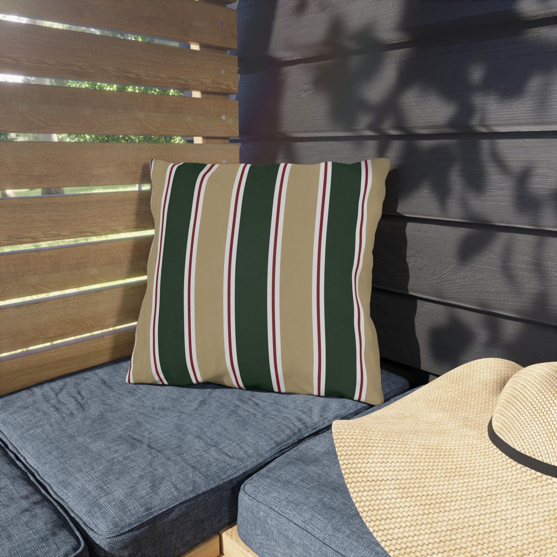 Green and Tan Striped Outdoor Pillow | Patio Cushion, Sunproof Stripe