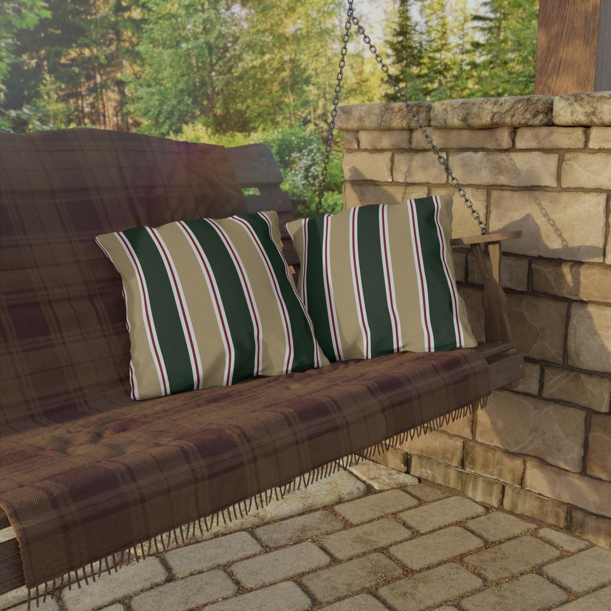 Green and Tan Striped Outdoor Pillow | Patio Cushion, Sunproof Stripe