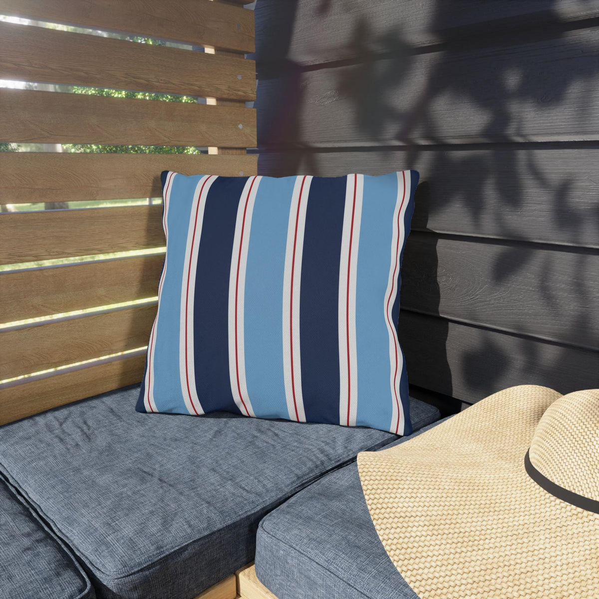 Nautical Blue Red Stripe Outdoor Pillow | Patio Cushion