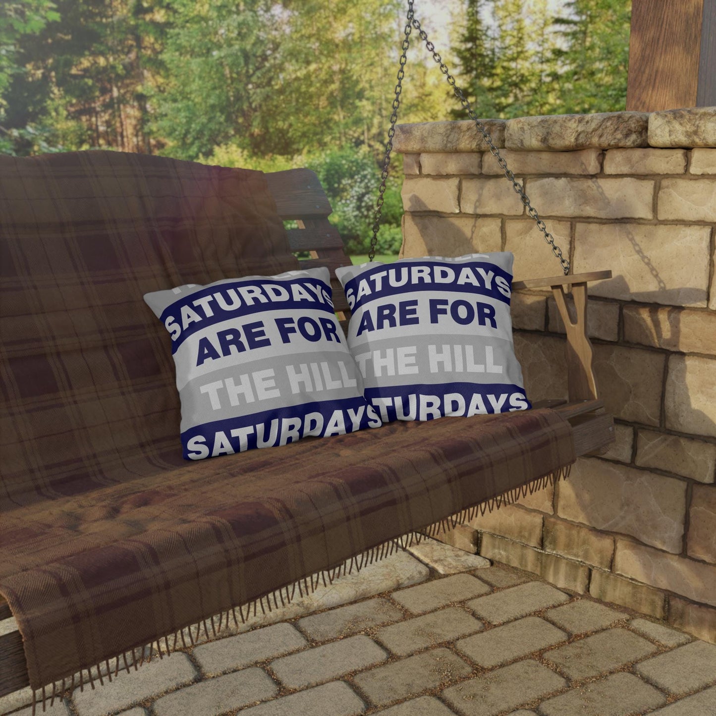 Saturdays Are For The Hill Outdoor Pillow | Striped Text Accent Cushion