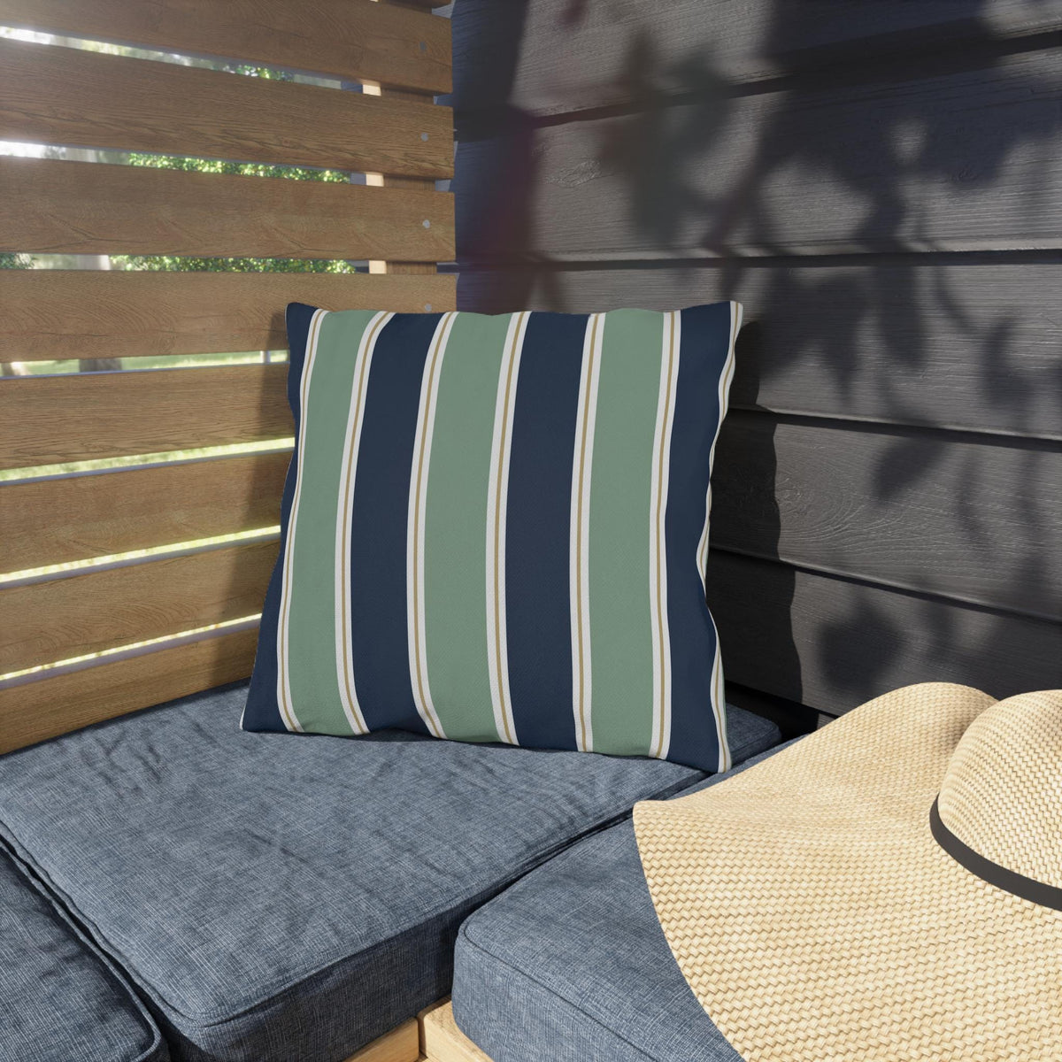 Navy and Sage Striped Pillows | Outdoor Pillow Cover, Coastal Patio Cushion