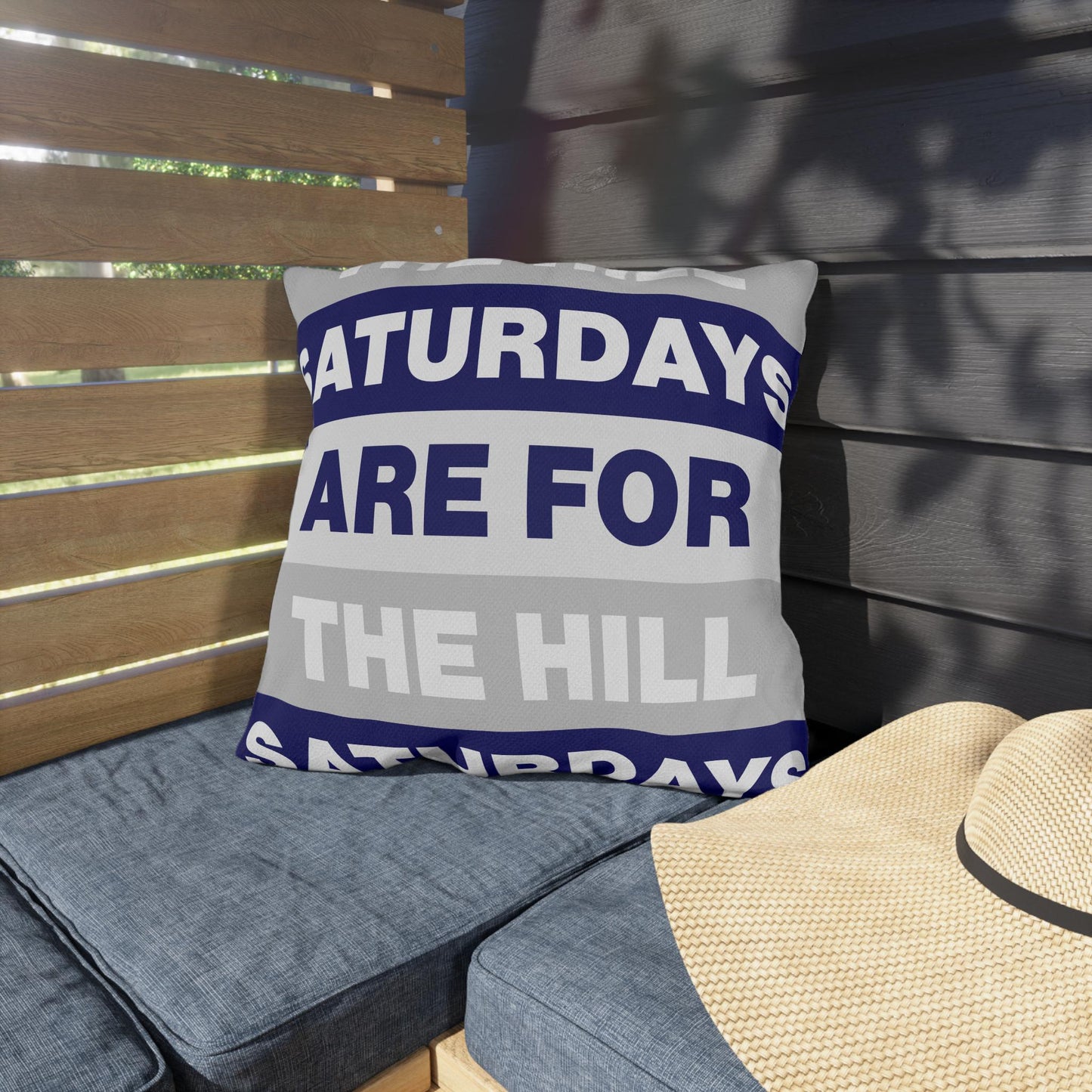 Saturdays Are For The Hill Outdoor Pillow | Striped Text Accent Cushion