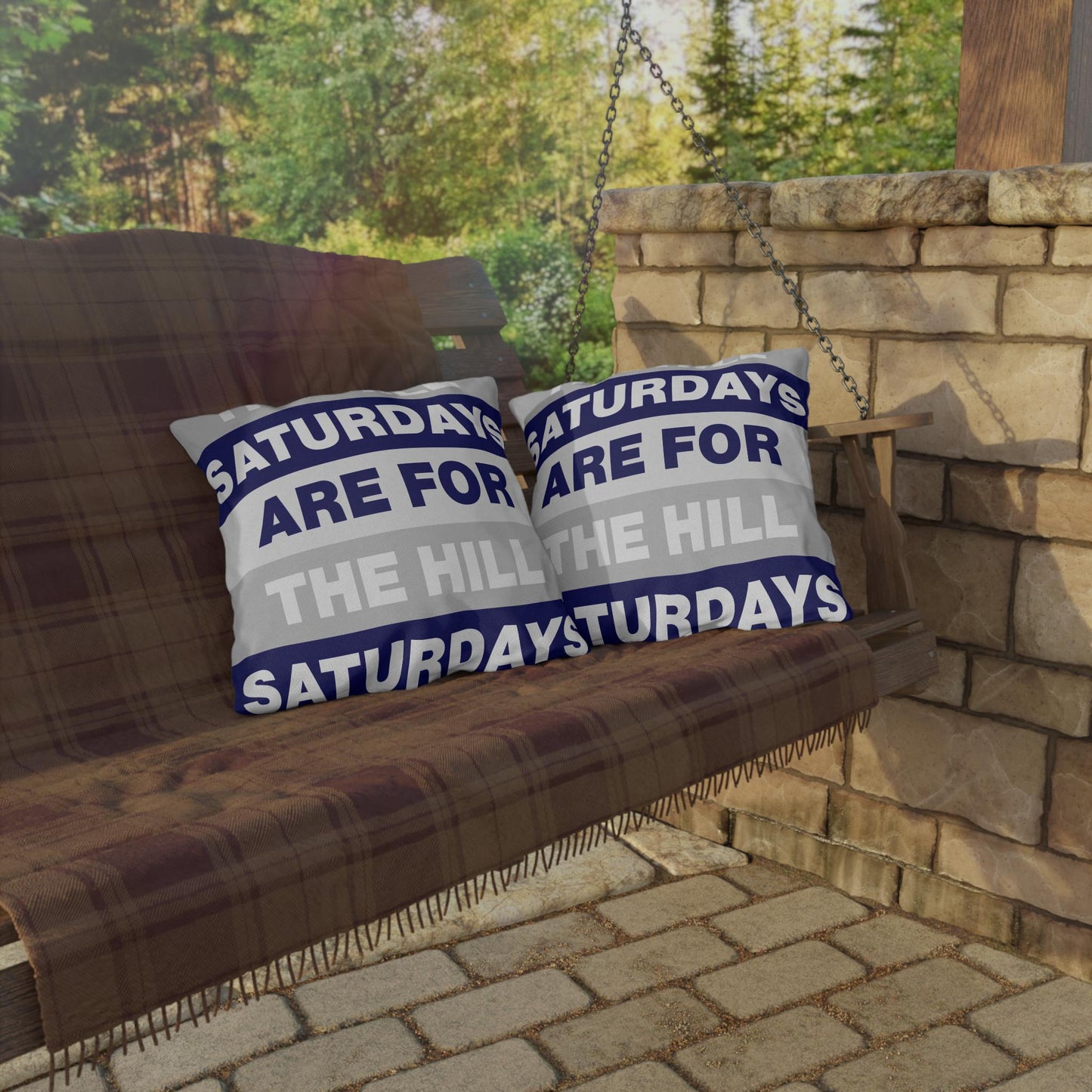 Saturdays Are For The Hill Outdoor Pillow | Striped Text Accent Cushion