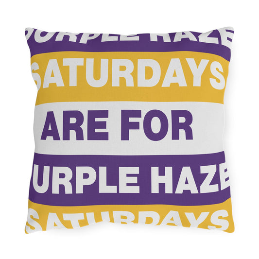 Saturdays Are For Purple Haze Outdoor Pillow | Bold Stripe Text Patio Cushion