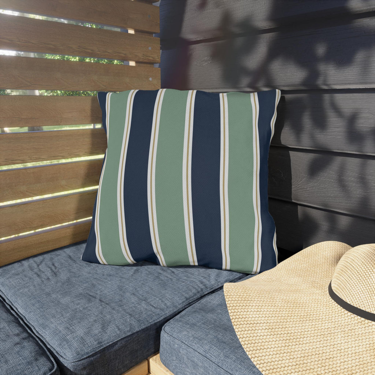 Navy and Sage Striped Pillows | Outdoor Pillow Cover, Coastal Patio Cushion