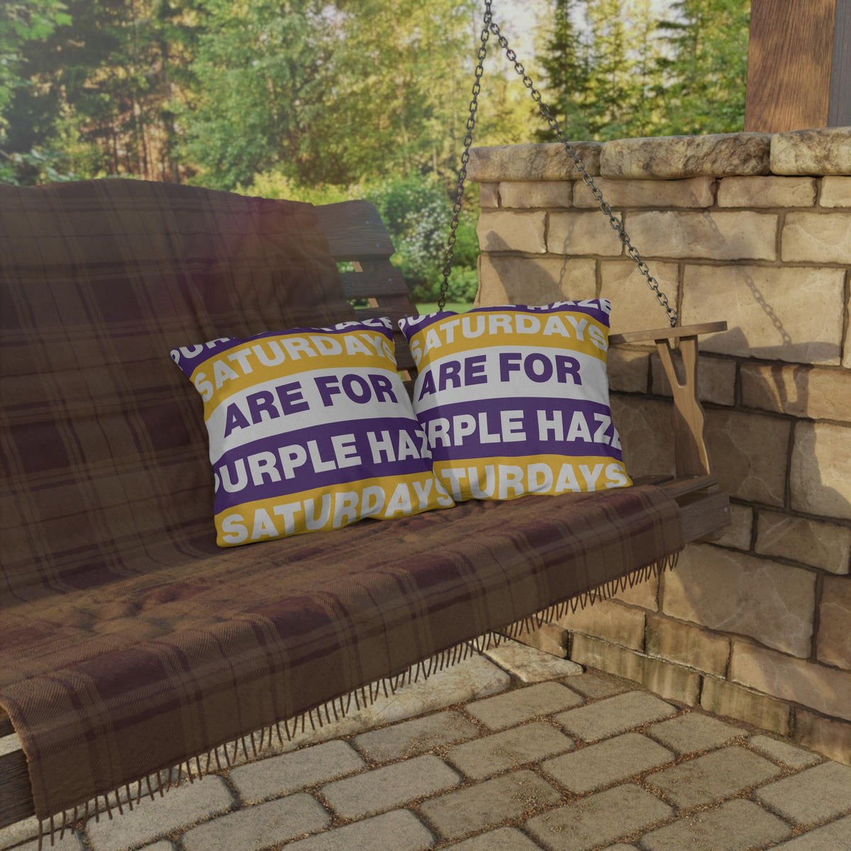 Saturdays Are For Purple Haze Outdoor Pillow | Bold Stripe Text Patio Cushion