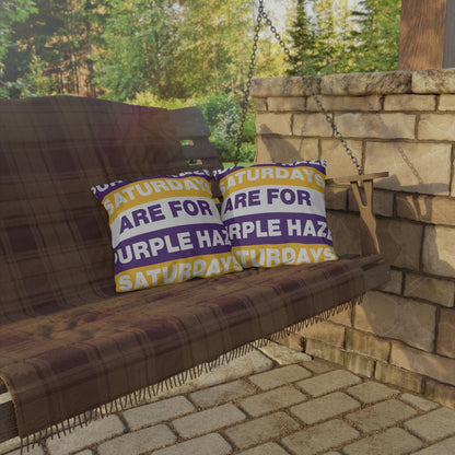 Saturdays Are For Purple Haze Outdoor Pillow | Bold Stripe Text Patio Cushion