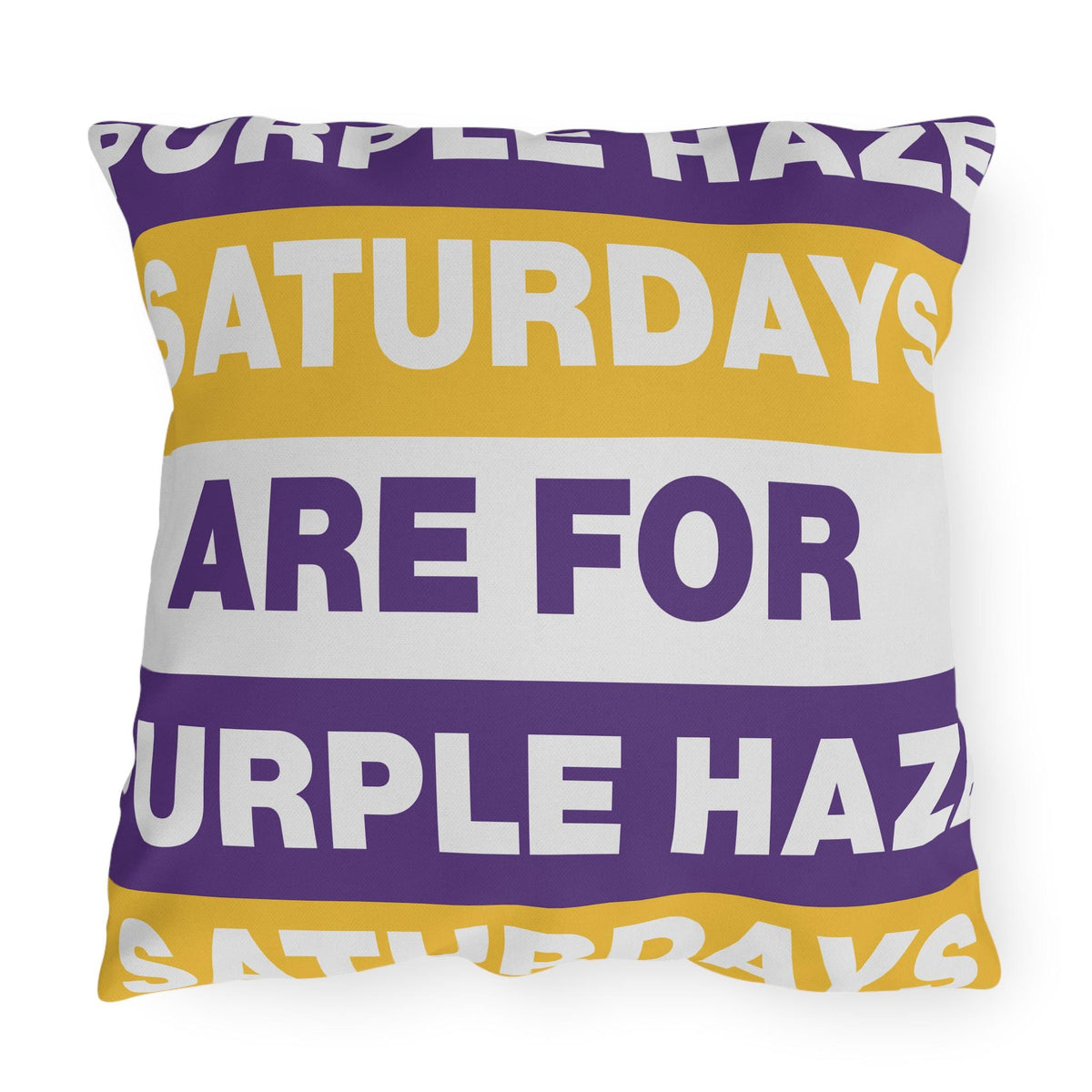 Saturdays Are For Purple Haze Outdoor Pillow | Bold Stripe Text Patio Cushion